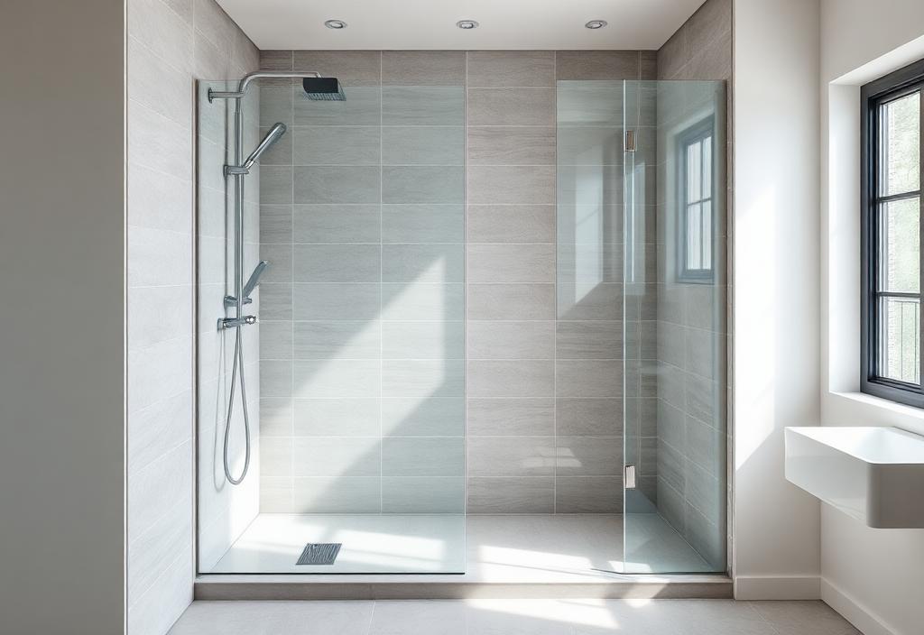 Large-format ceramic tile installed on a bathroom wall and floor