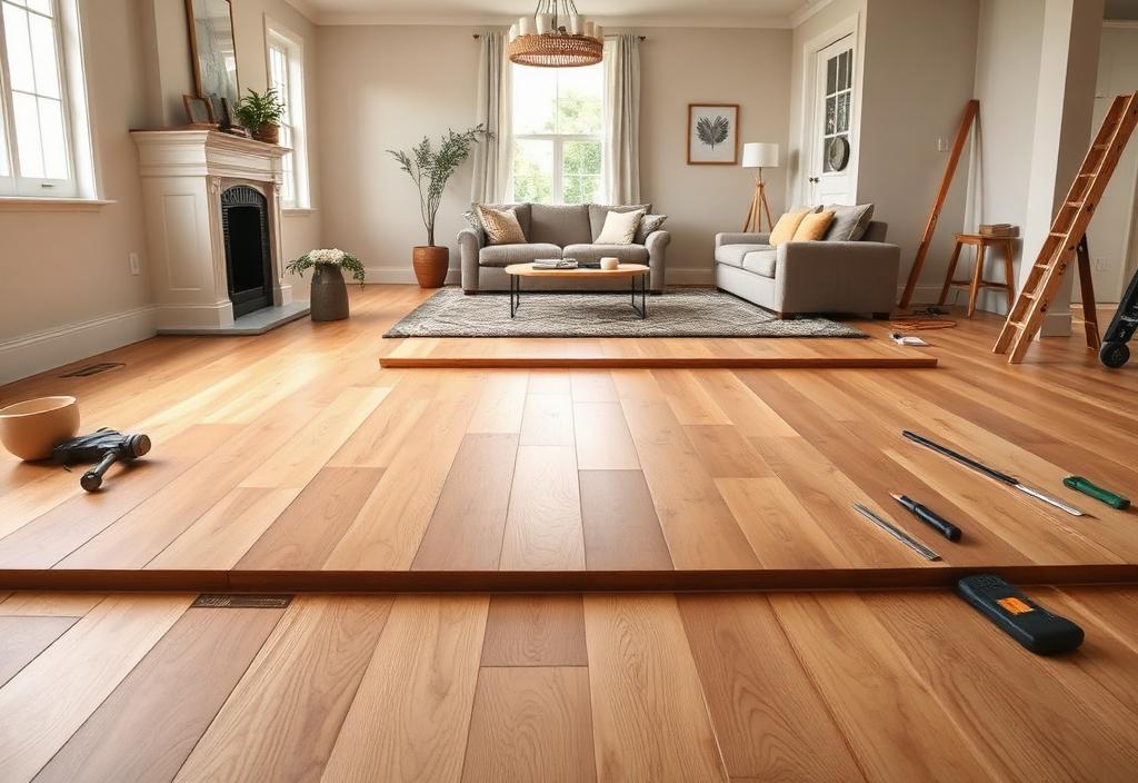 Wide-plank wood flooring installed in a bright living room